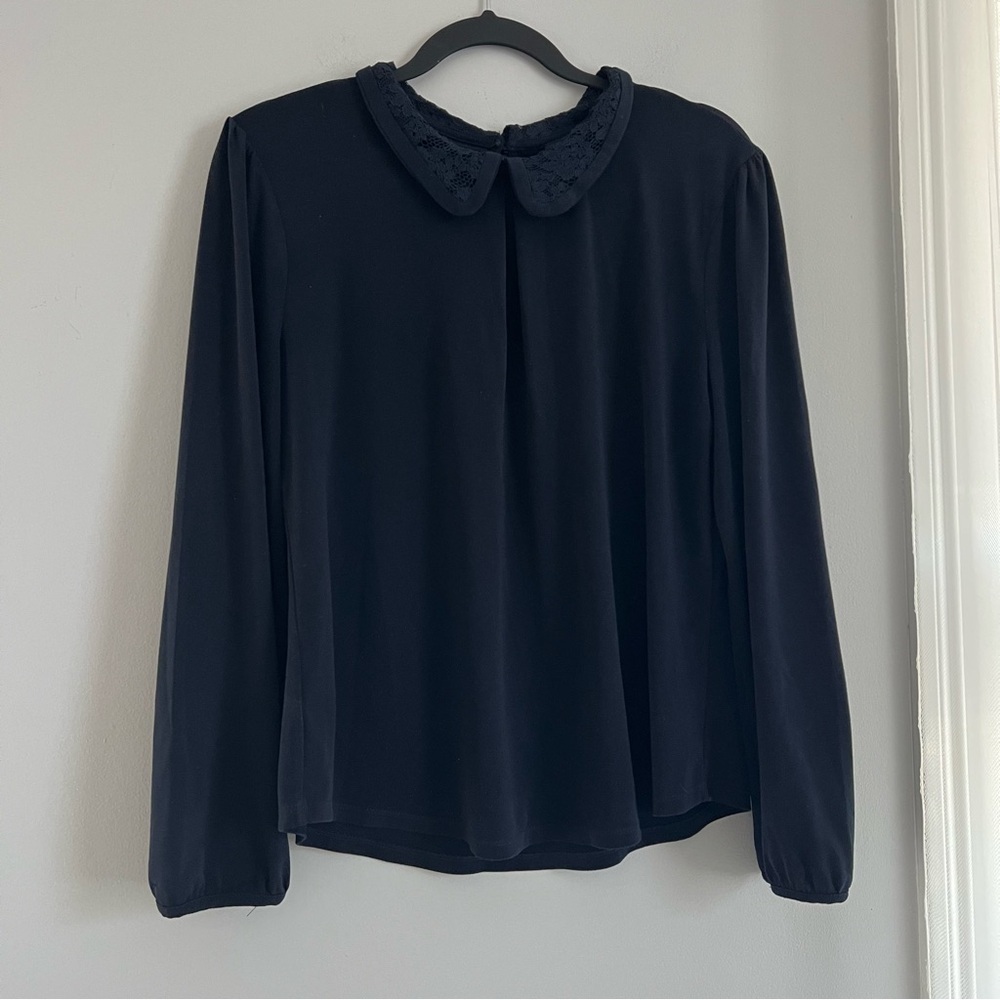 Ann Taylor Black Blouse with Embroidered Collar